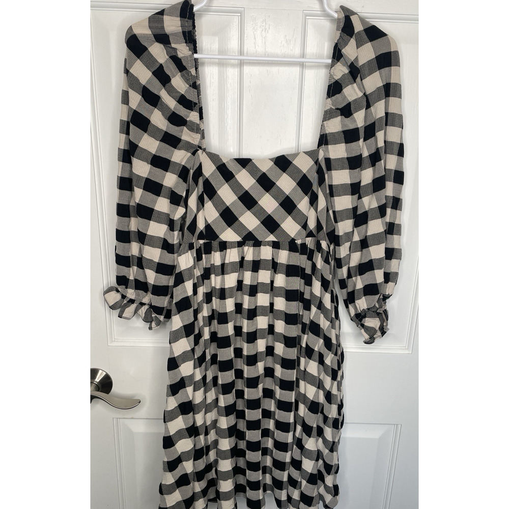 Storia Women’s Babydoll Buffalo Check Mini Dress Sz M Puff Sleeve Peasant Boho - Picture 1 of 10